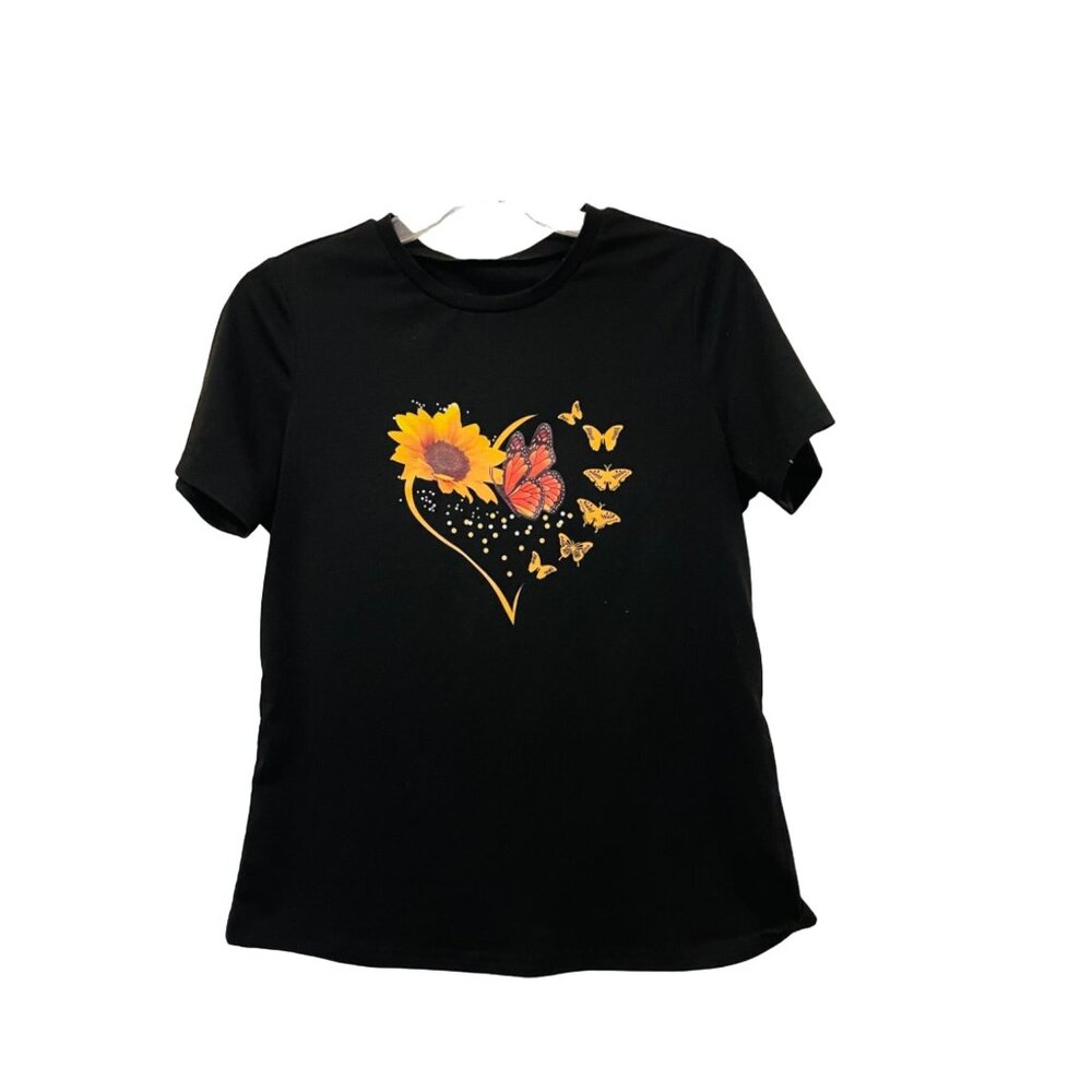 Shein Womens Black T-Shirt With Sunflower & Butterfly Print Size M‎